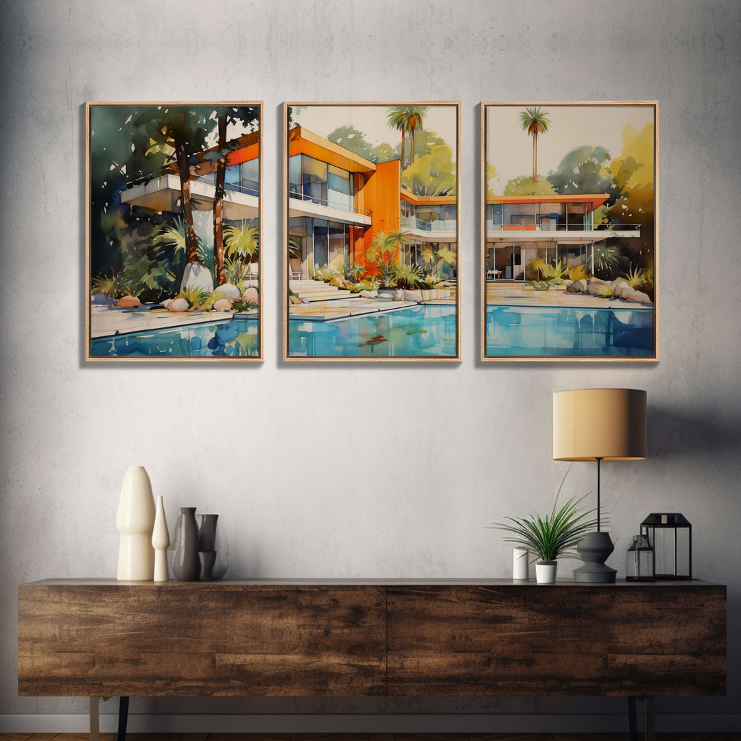 Architecture Print, Mid-century House Art, Canvas Print, Wall Art, 3 Piece Wall Art, Real Estate Gift, Family Room Art, Entryway Prints