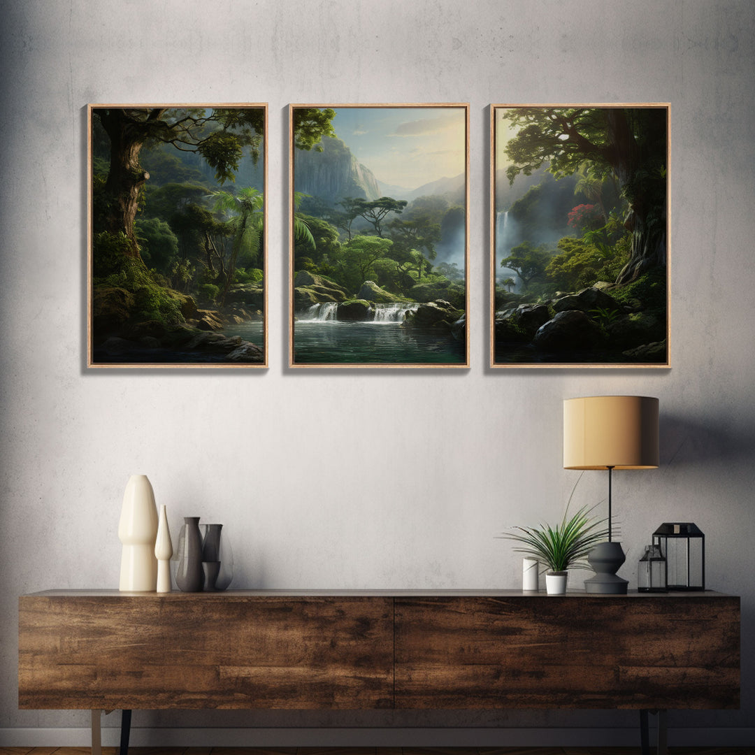Framed Canvas Wall Art Set of 3 Green Tropical Jungle Floral Botanical Watercolor Painting Prints Modern Art Emerald Green Wall Decor