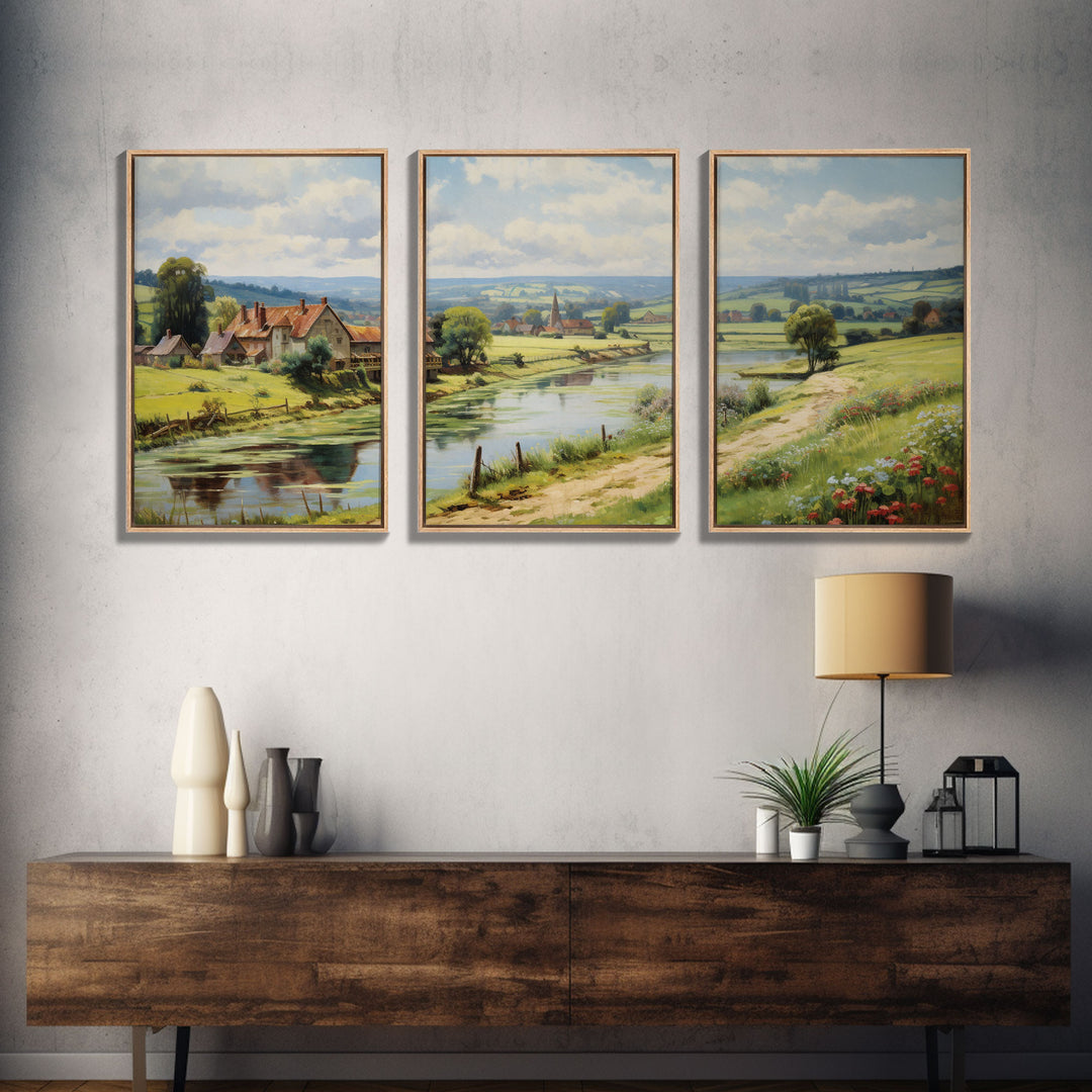 French Country Landscape Gallery Wall Art Set | Vintage Living Room Decor | Collection of 3 | French Countryside | Farmhouse Decor