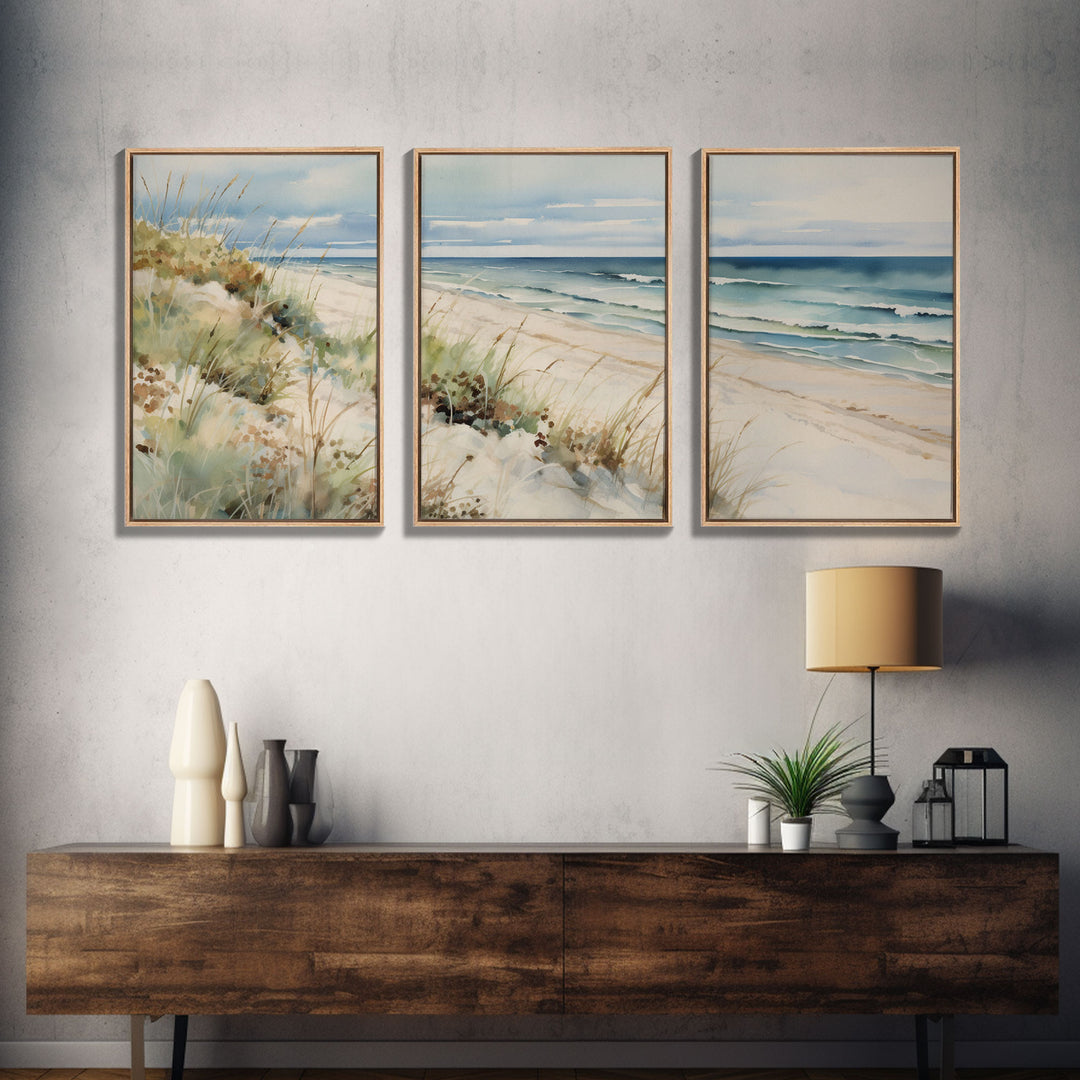 Abstract Coastal Painting Canvas Print Wall Art Vintage Beach Print Girly Apartment Decor Seascape Print, 3 Piece Wall Art, Boho Decor