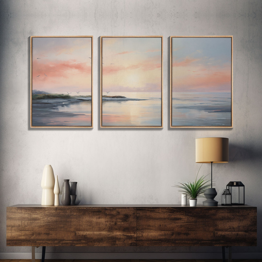 Pink Abstract Coastal Painting Canvas Print Wall Art Vintage Beach Print Girly Apartment Decor Seascape Print, 3 Piece Wall Art, Boho Decor