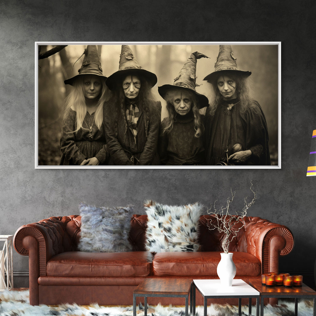 The Coven, Witch Art, Witch Decor, Creepy Halloween Decor, Framed Canvas Print, Vintage Tintype Photo Art, Halloween Art Print