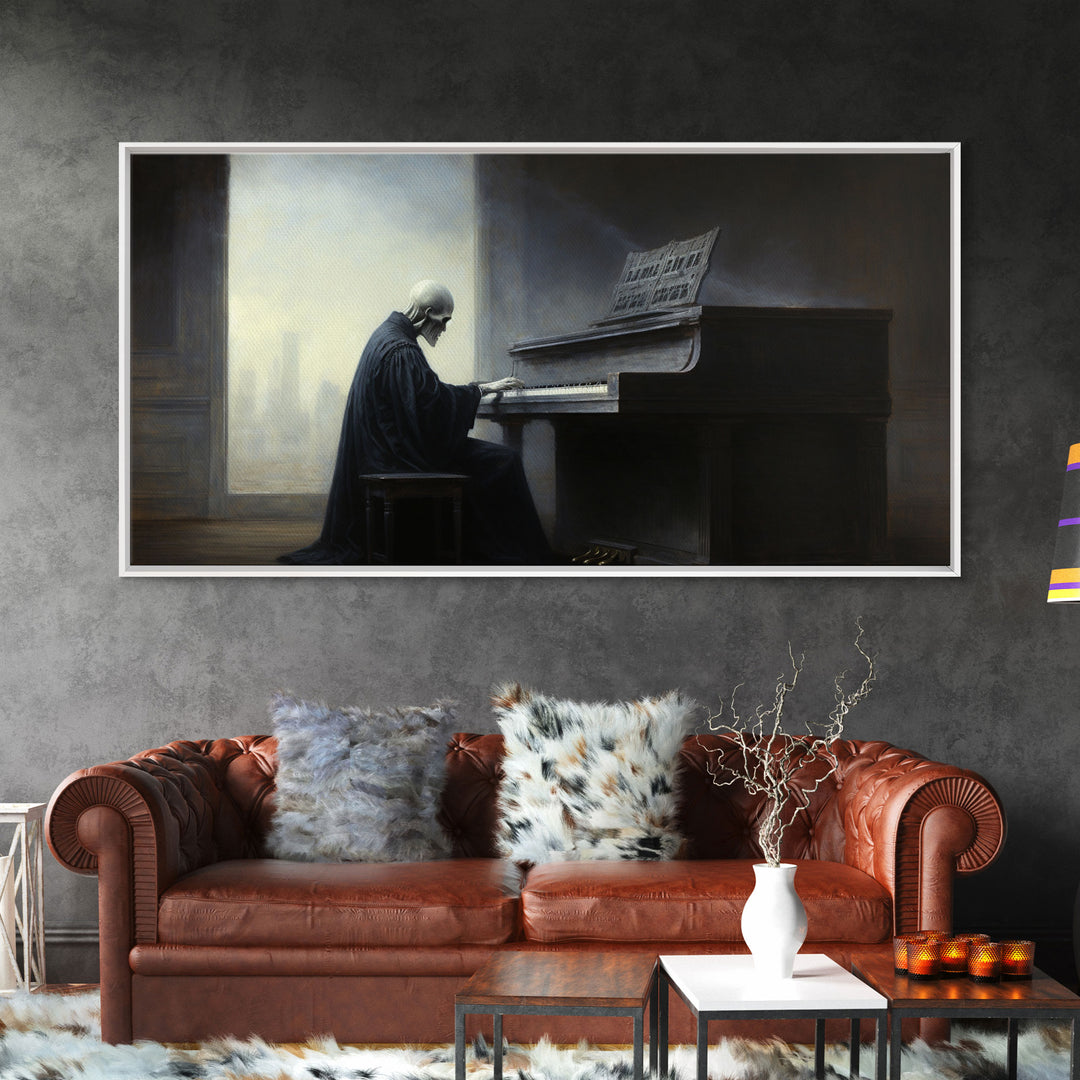 Grim Reaper Playing The Piano, Framed Canvas Print, Cool Halloween Decor, Wild West Themed Halloween Art