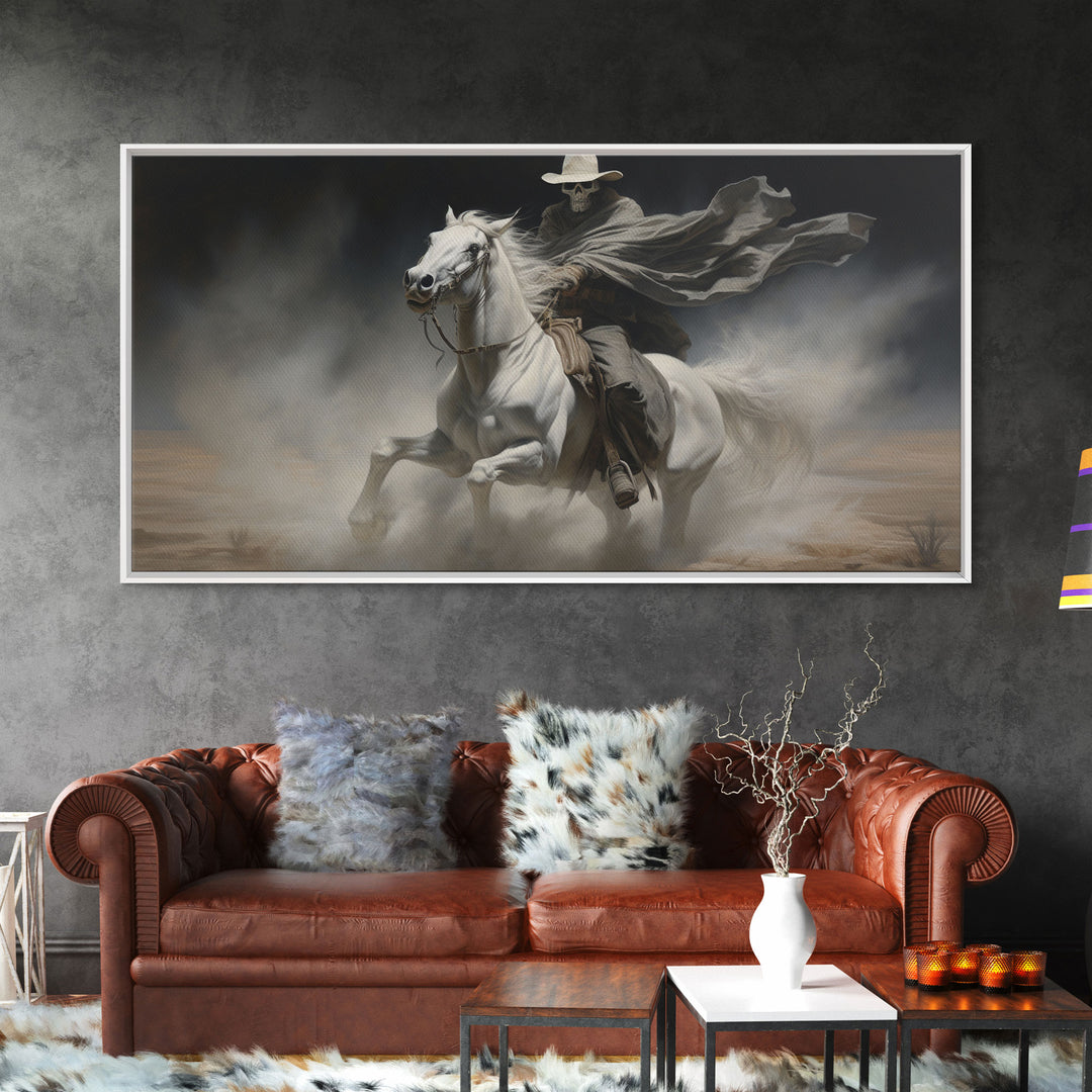 Grim Reaper Art, Death Rides A Pale Horse, Framed Canvas Print, Cowboy Grim Reaper, Spooky Halloween Art Print