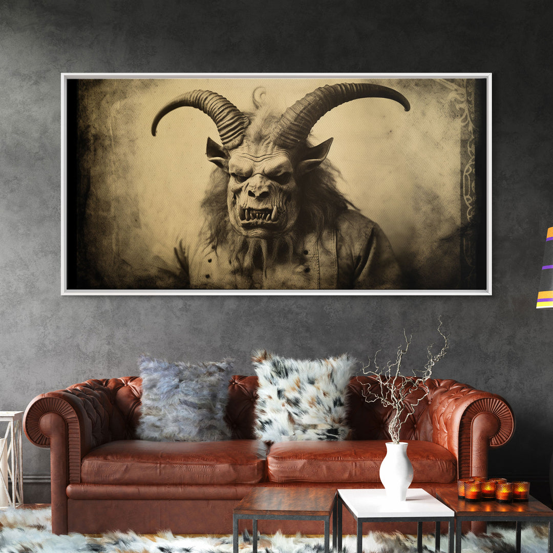 Photograph of A Demon, Creepy Halloween Trick Or Treaters, Framed Canvas Print, Vintage Tintype Photography Art, Halloween Art Print