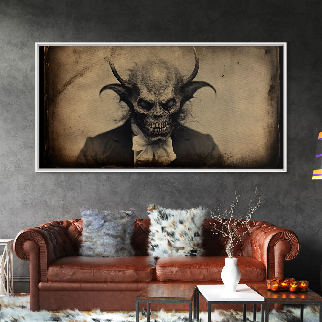 The Demon Of 81st Street, Creepy Halloween Trick Or Treaters, Framed Canvas Print, Vintage Tintype Photography Art, Halloween Art Print