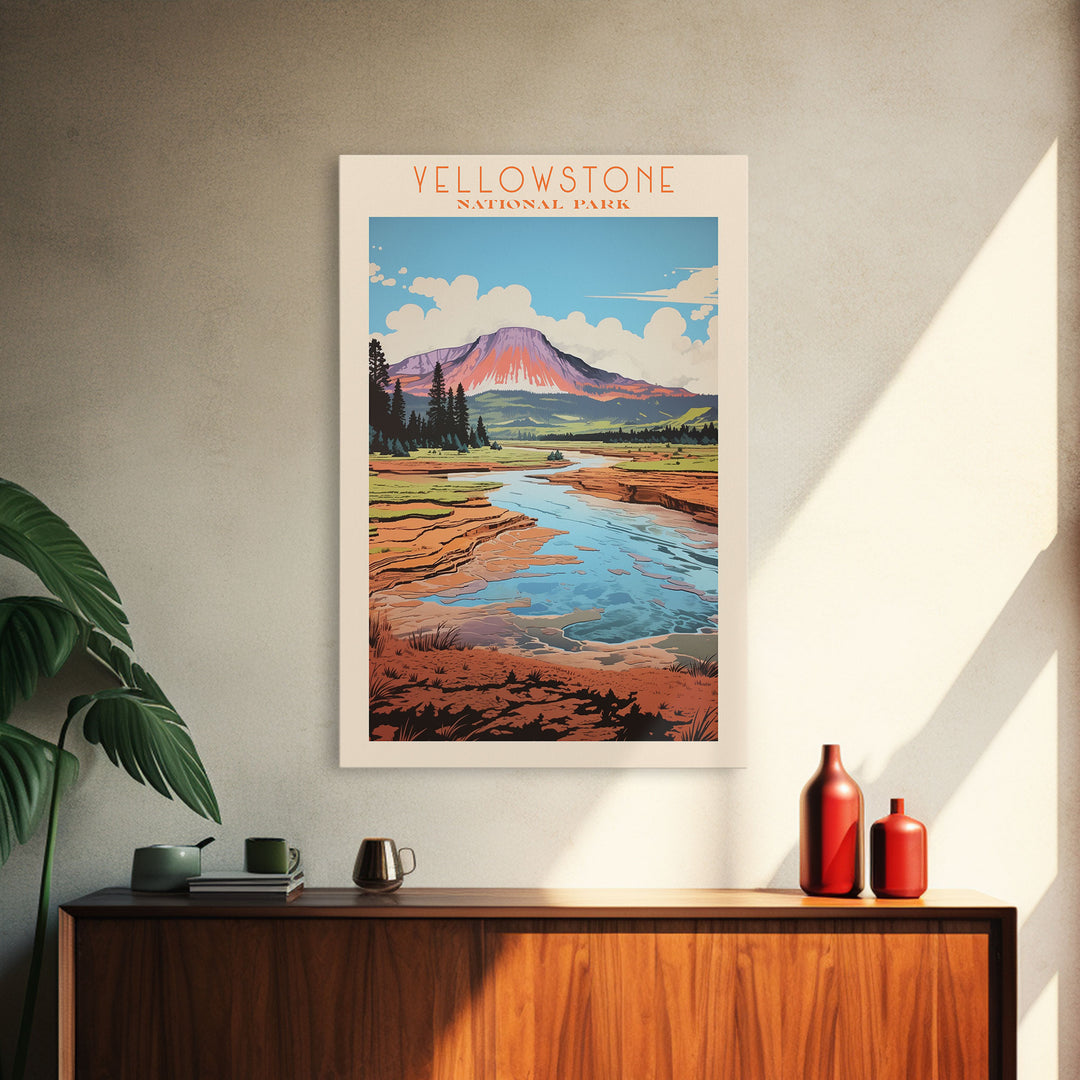 Yellowstone National Park, Wyoming Travel Art, National Park Print, Minimalist Travel Art, Midcentury Modern Retro Style Landscape