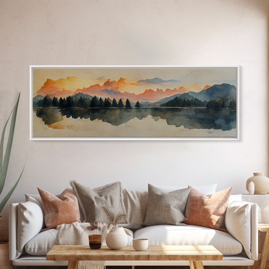 Unique watercolor painting of a forest fire, panoramic canvas print, ready to hang, gloomy wall decor
