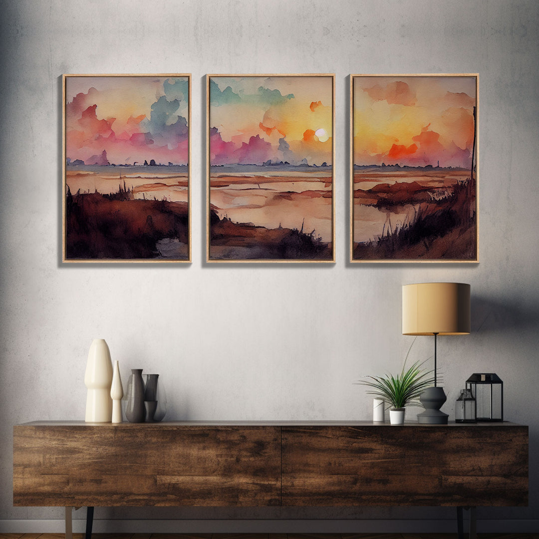 Watercolor of a beach at sunset, Abstract Lakehouse Wall Decor, 3 Piece Canvas Decor, 3 Piece Wall Art, Ready To Hang Canvas Prints