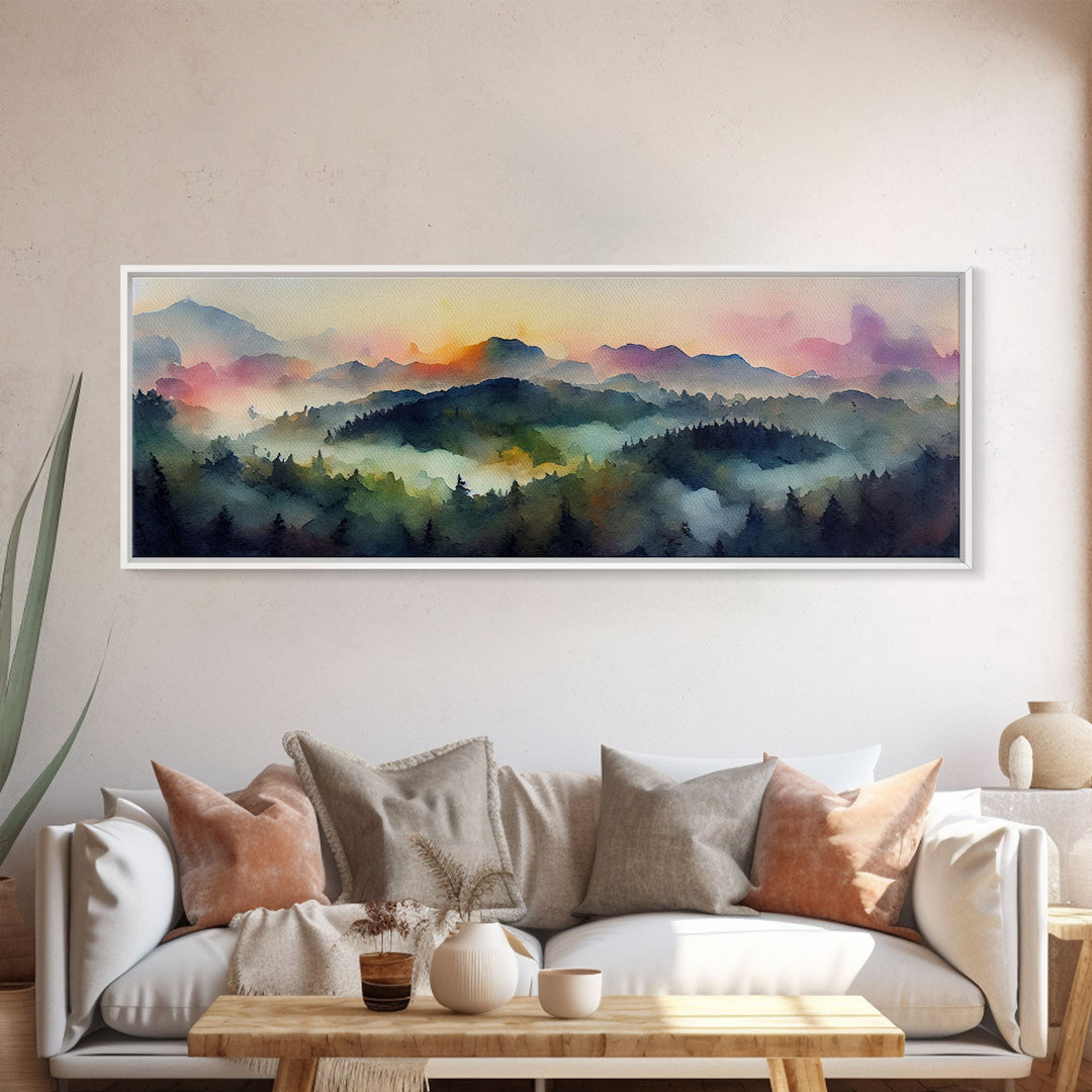 Dramatic Watercolor Sunset Landscape, Ready To Hang Canvas Print, Panoramic, Emerald Green Landscape Wall Decor