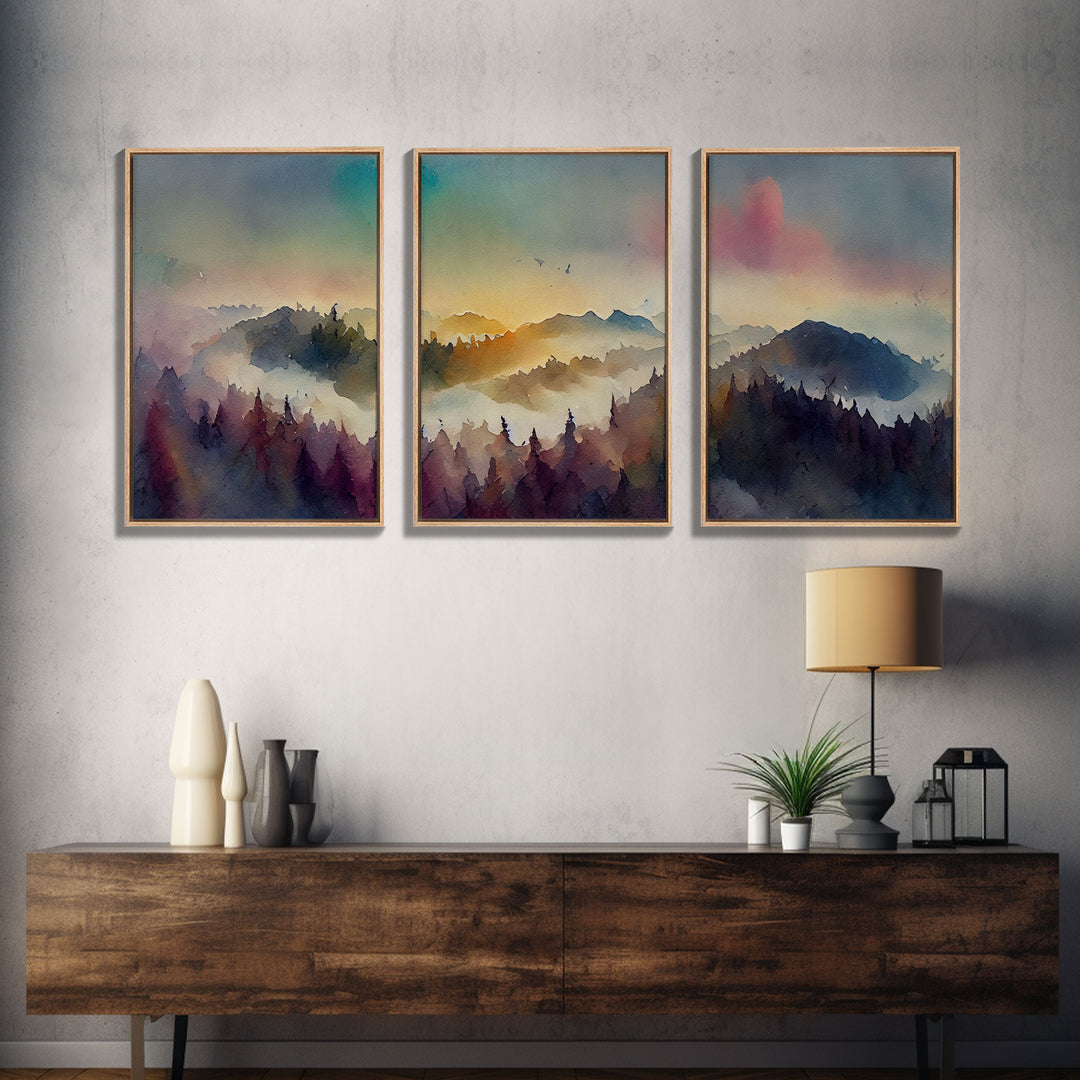 Dramatic Colorful Watercolor Sunset Landscape Abstract, Landscape Art, 3 Piece Canvas Decor, 3 Piece Wall Art, Ready To Hang Canvas Prints