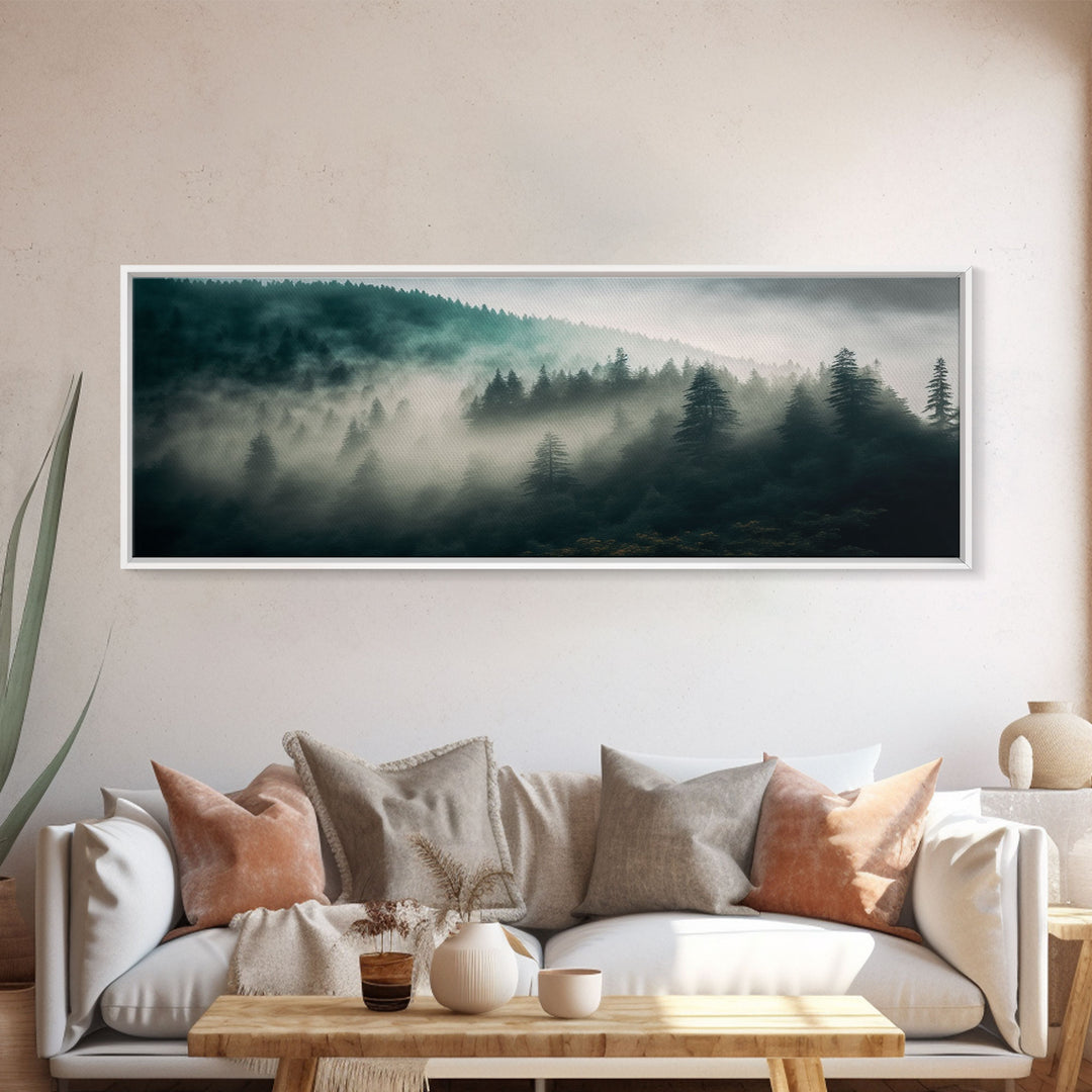 Panoramic watercolor of a misty forest fog, wall art, framed canvas print, farmhouse decor, foggy pine tree forest landscape, cabin art