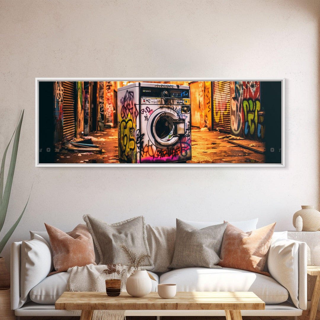 Graffiti Punk Wall Art, Street Art, Framed Canvas Print, Urban Decay Washing Machine, Limited Edition, High Quality Art, Game Room Art