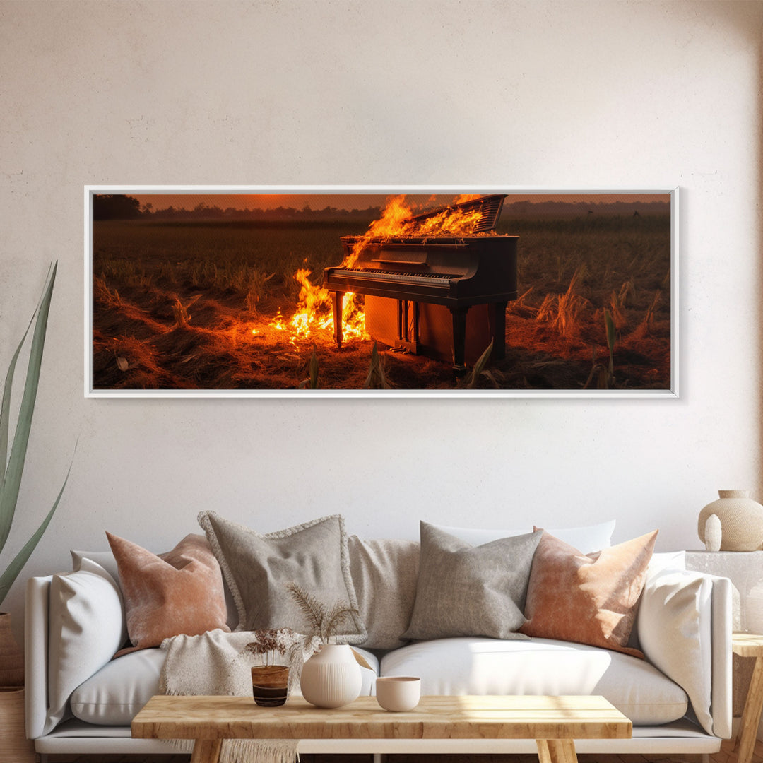 Urban Decay, Street Punk Art, Framed Canvas Print, Burning Grand Piano In A Field at Sunset, Dystopian Decor