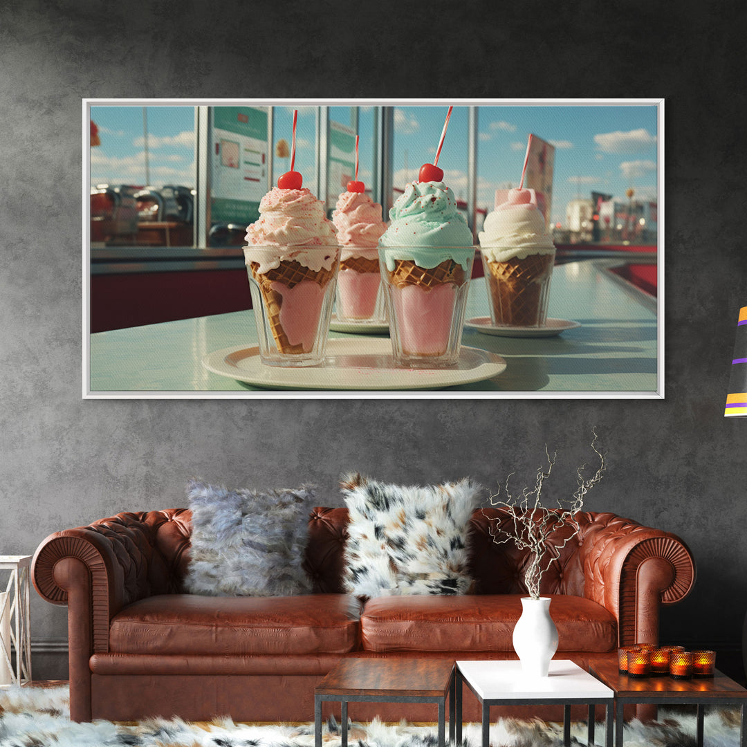 Ice Cream Shop Decor, Framed Canvas Print, Cute Nursery Decor, Retro Ice Cream Parlor Wall Art