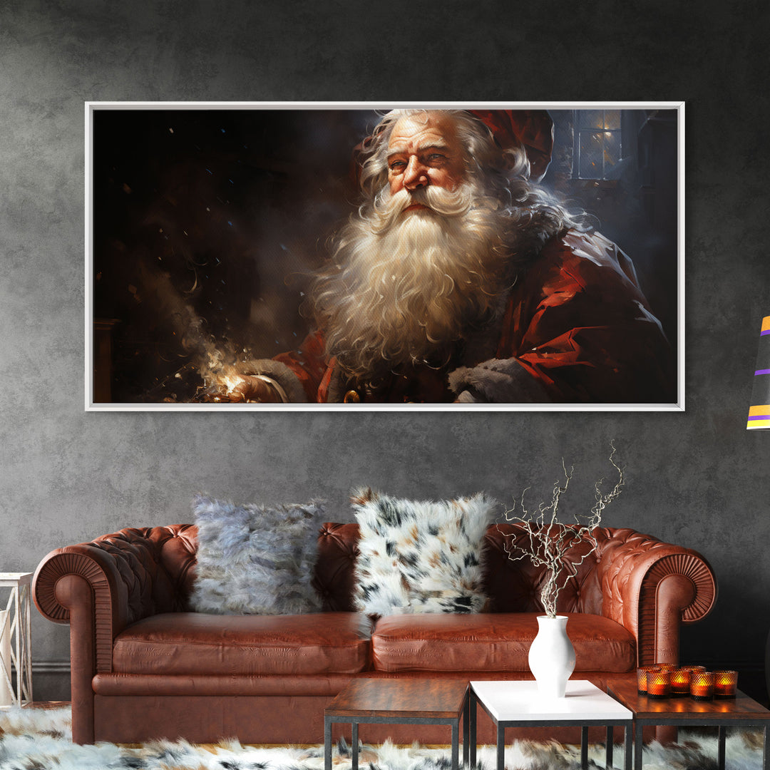 Santa Claus Burning The Midnight Oil - Framed Canvas Print - Christmas Santa Art - Xmas Decor Poster - Vintage Xmas Holiday Art Print