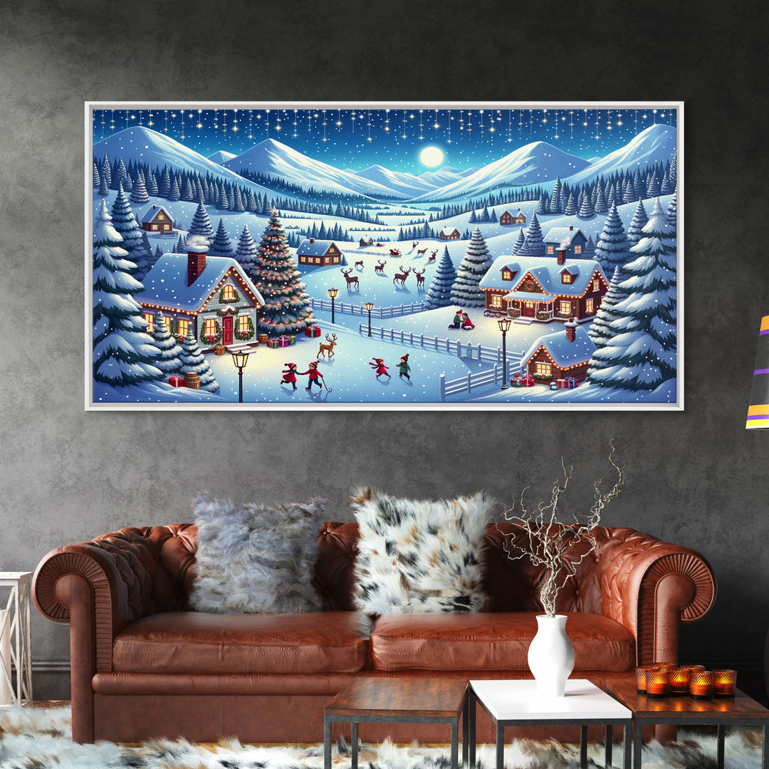 Cute Christmas Village Centerpiece Wall Art - Framed Canvas Print - Winter Wonderland Decorated for Christmas Canvas Wall Art - Vintage Xmas
