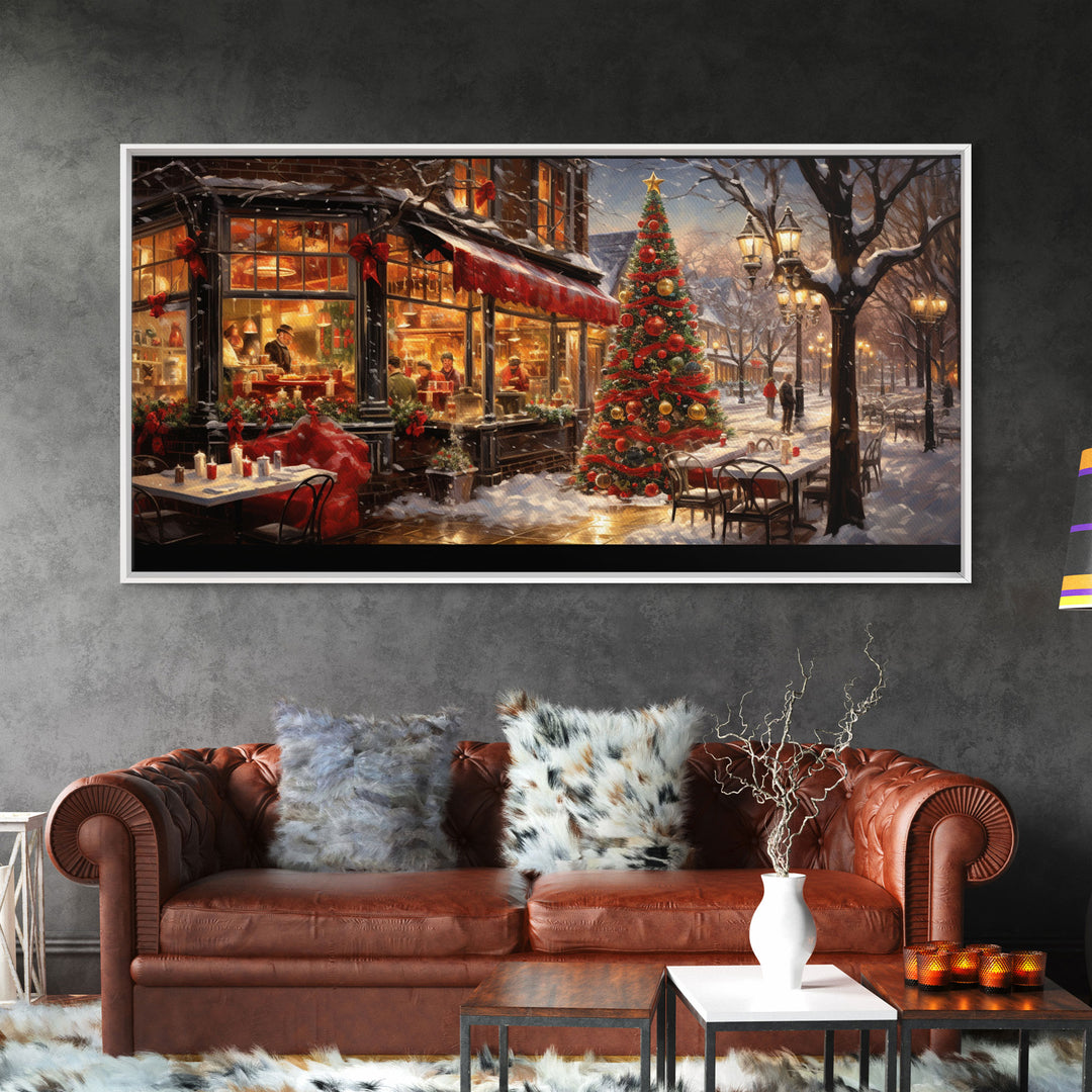 Retro 50s Diner Decorated For Christmas, Framed Canvas Print, Christmas Wall Art, Christmas Decor, Mom Christmas Gift, Christmas Village
