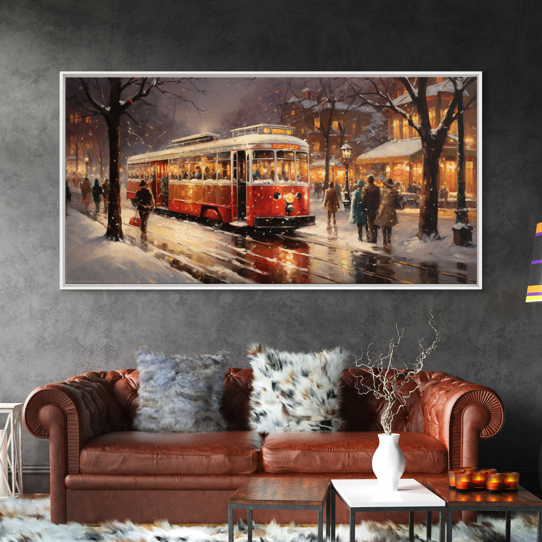 Retro Red Trolley Car Decorated For Christmas, Framed Canvas Print, Christmas Wall Art, Christmas Decor Mom Christmas Gift Christmas Village