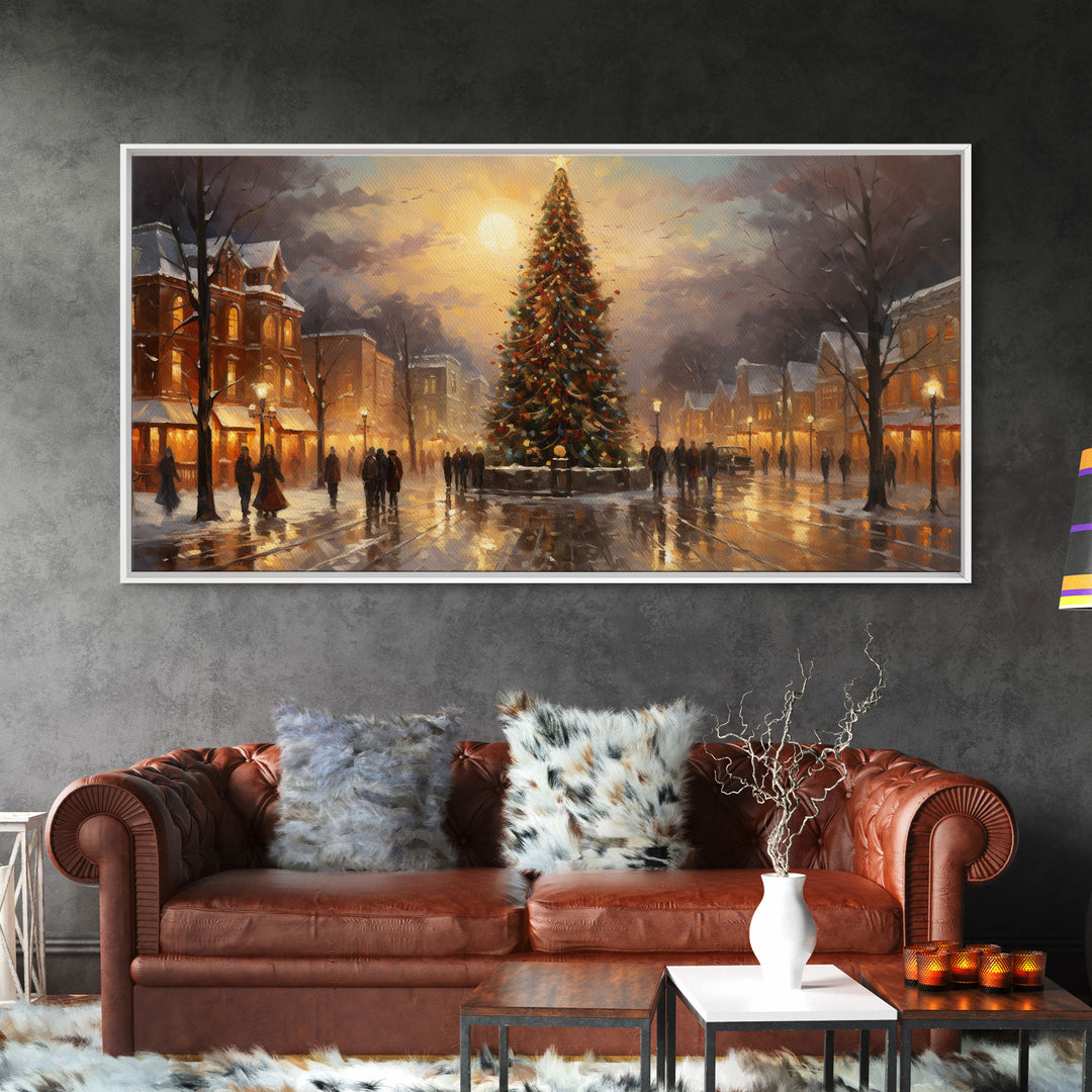 RetroChristmas Village For Christmas, Framed Canvas Print, Christmas Wall Art, Christmas Decor Christmas Gift, Holiday Watercolor Painting