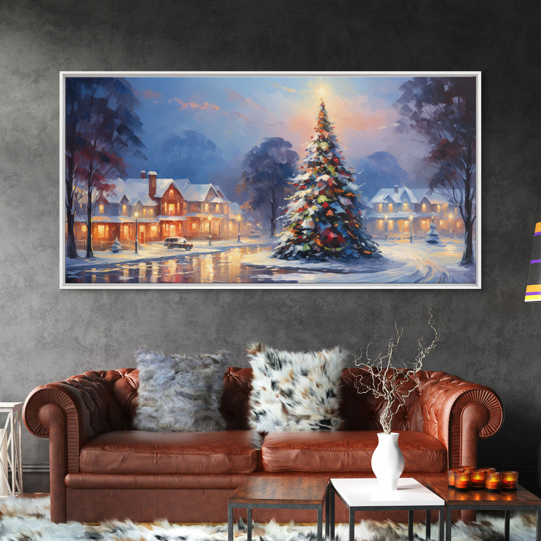 Cute Christmas Decor, Christmas Wall Art, Vintage Winter Wonderland Christmas Village Oil Painting Canvas Print, Framed Wall Art