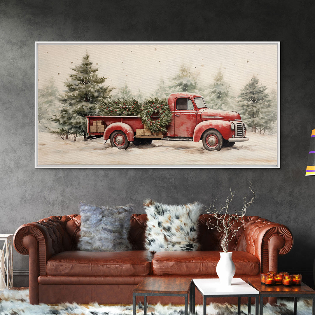 Christmas Tree Delivery - Framed Canvas Print - Vintage Style Farmhouse Christmas Decor Wall Art - Retro 1950s Truck Christmas Art