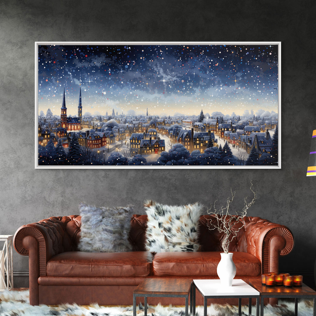 Snowfall Over A Victorian Village - Winter Decor - Christmas Wall Art - Framed Canvas Print - Winter Art Print - Winter Landscape