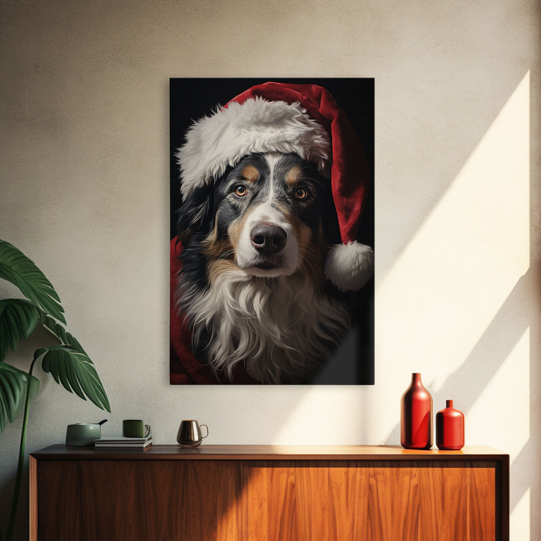Portrait Of An Australian Shepherd In A Santa Hat, Christmas Art, Christmas Decor, Christmas Wall Art, Christmas Painting, Vintage Christmas