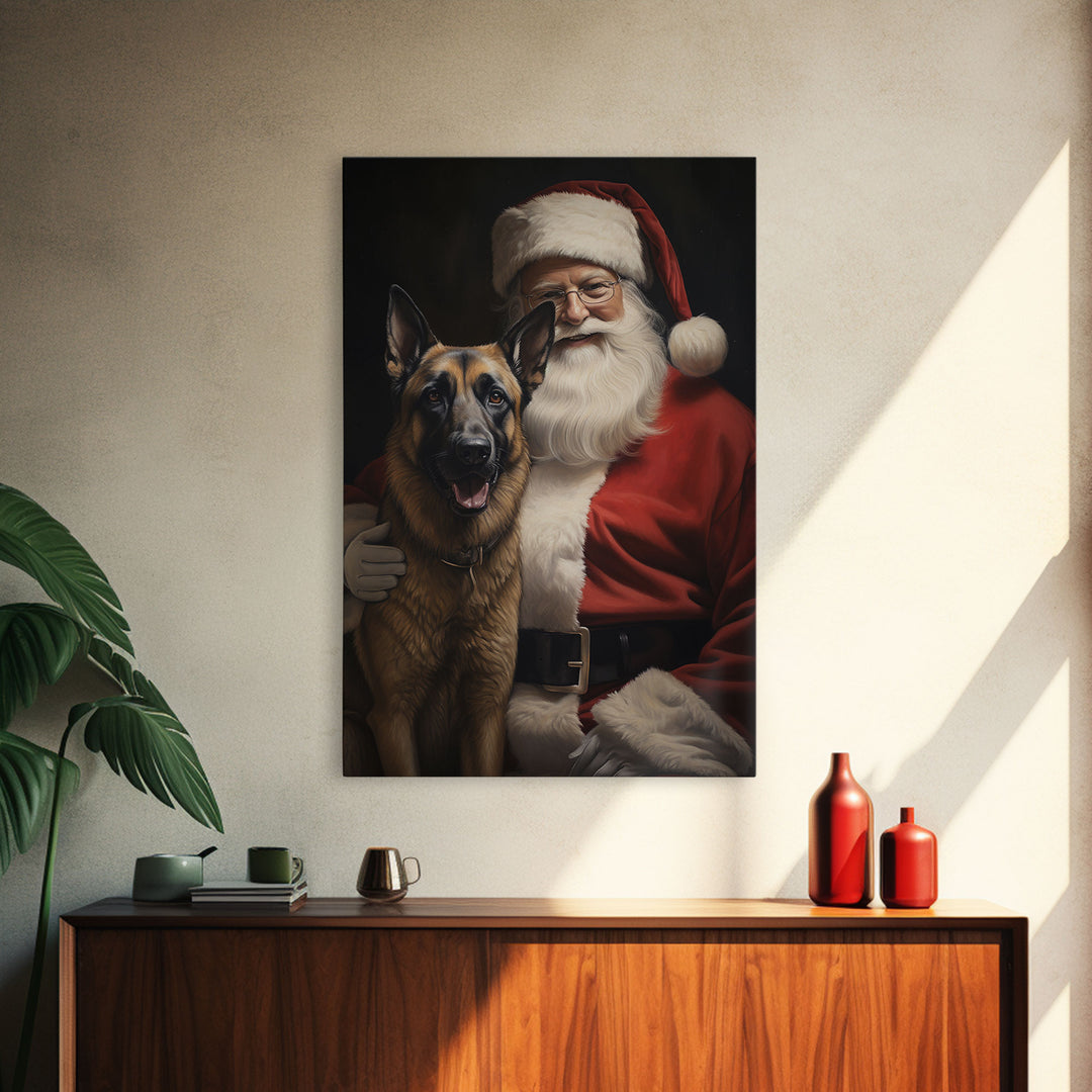 Santa Claus and his Belgian Malinois, Cute Dog Art, Framed Canvas Print, Christmas Art, Christmas Decor, Christmas Art Print, Cute Dog Print