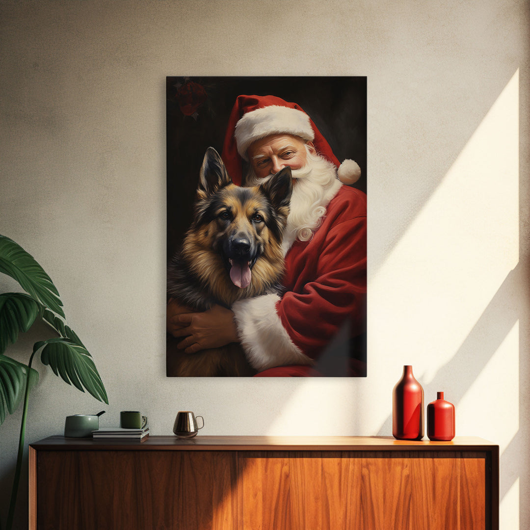 Santa Claus And His German Shepherd, Christmas Wall Art, Dog Gift, Christmas Dog, Winter Wall Art, Santa Decor, Santa Art Print, Cute Dog