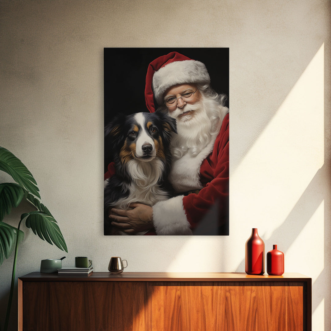 Santa Claus And His Border Collie, Christmas Wall Art, Dog Gift, Christmas Dog, Winter Wall Art, Santa Decor, Santa Art Print, Cute Dog