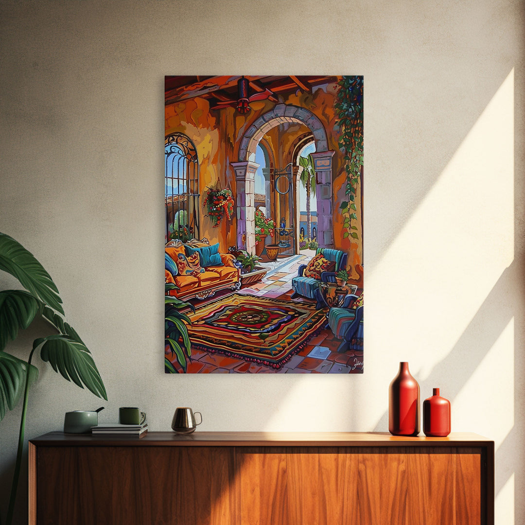Mediterranean Lounge With Mountain View Framed Canvas Print Spanish Style Patio Wall Art Home Decor Best Gift Seasonal Above Sofa Art