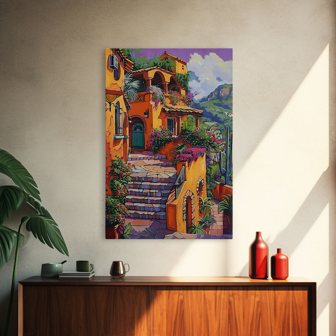 Framed Canvas Print Tall Art Mexican Style Scenic Steps Lined With Colorful Flowers And Architecture