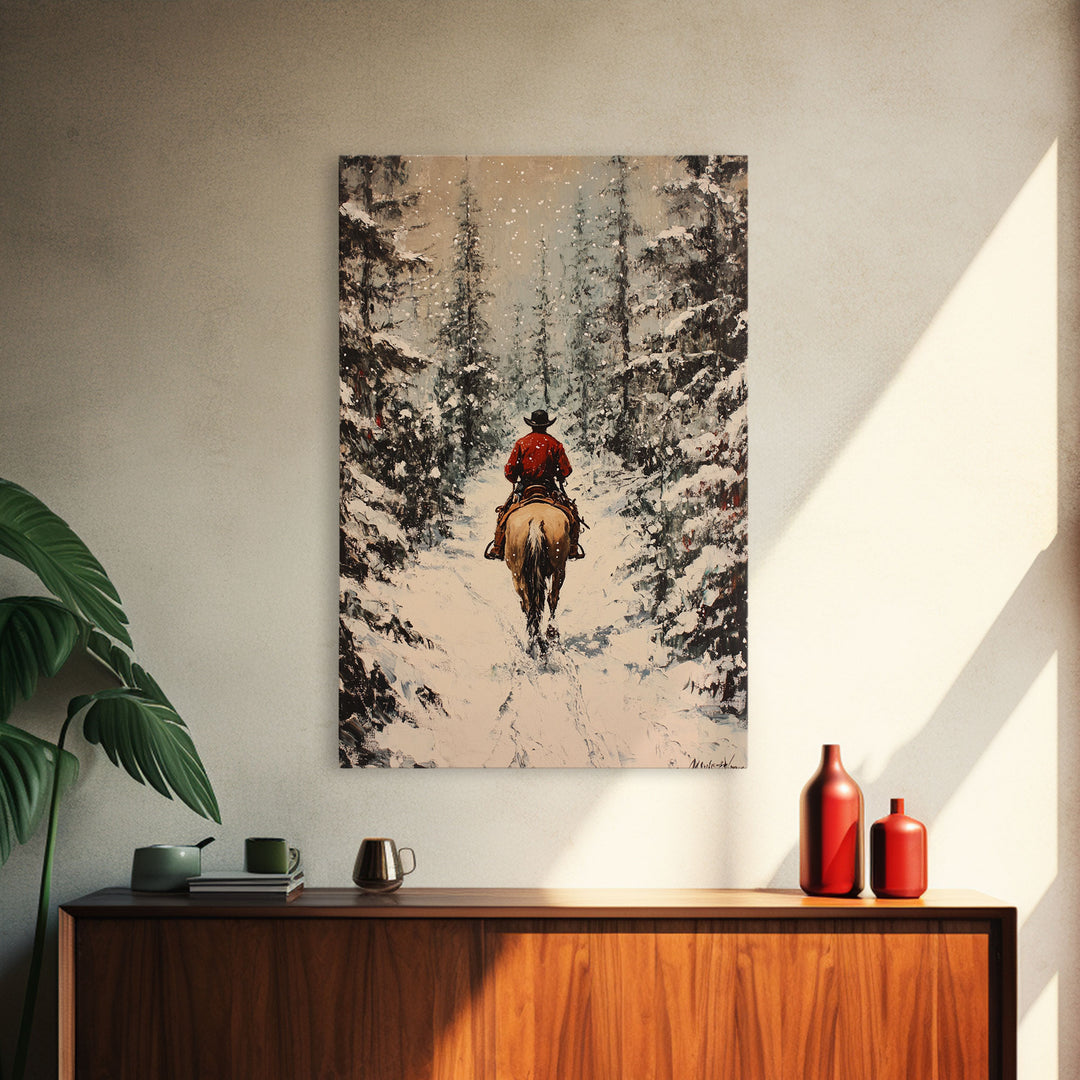 Cowboy on Horseback in Golden Autumn Trees Framed Canvas Print Rustic Christmas Wall Art Fall Decor Country Christmas Gift Seasonal Wall Art