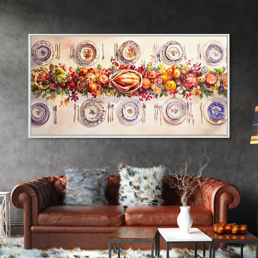 Festive Thanksgiving dinner table setting with colorful centerpiece, framed canvas print perfect autumn holiday decor wall art