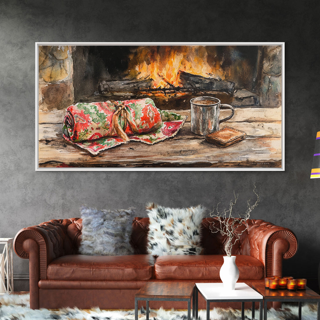 Canvas Print Cozy Fireplace with Christmas Blanket and Mug, Rustic Christmas Decor, Holiday Home Art, Warm Christmas Wall Art