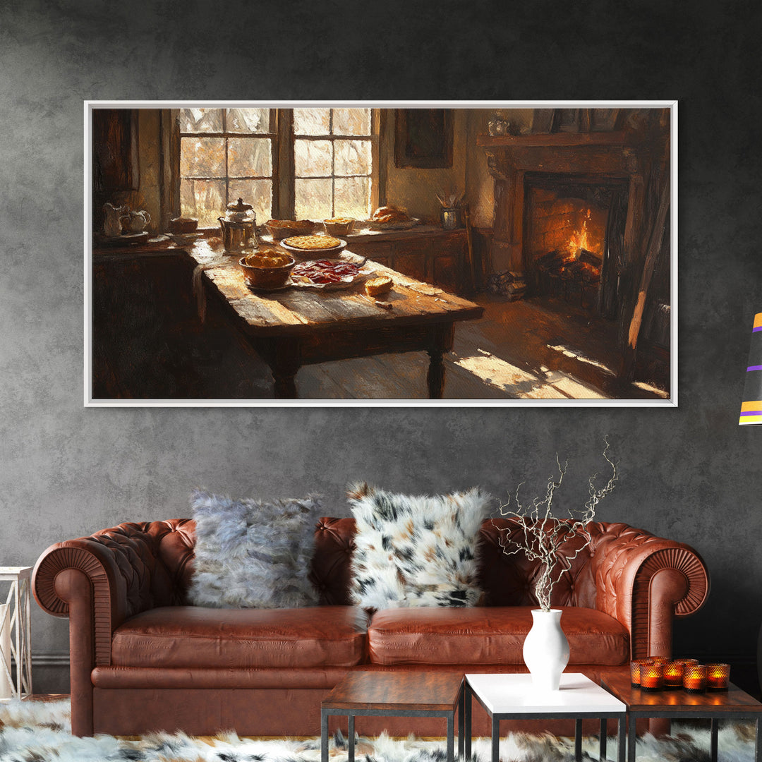 Cozy Kitchen Framed Canvas Print Autumn Fireplace Rustic Home Decor Seasonal Fall Art Large Wall Art Gift for Thanksgiving Decor
