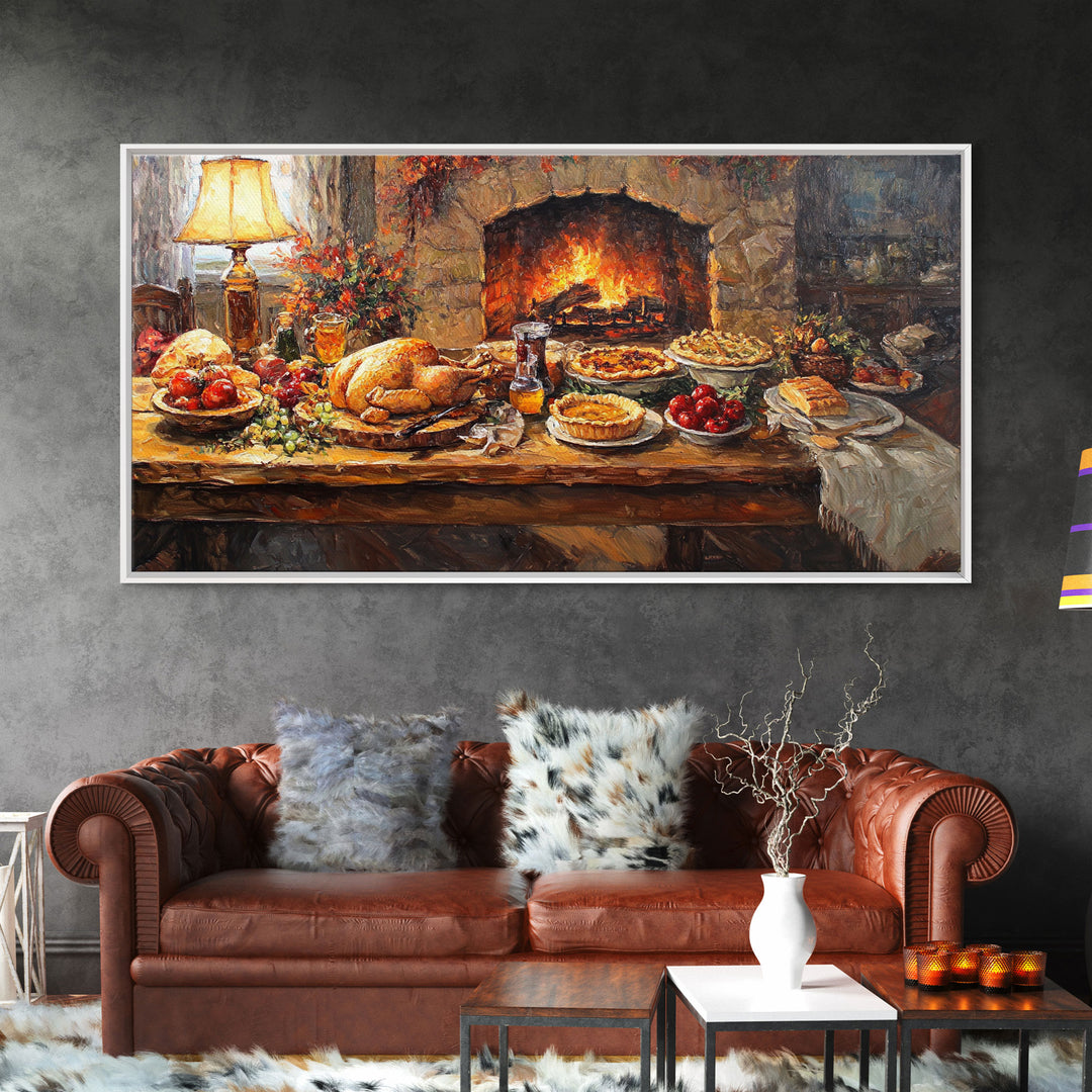 Cozy Thanksgiving Feast by Fireplace Framed Canvas Print Seasonal Wall Art, Rustic Fall Decor, Harvest Celebration Art Print for Home