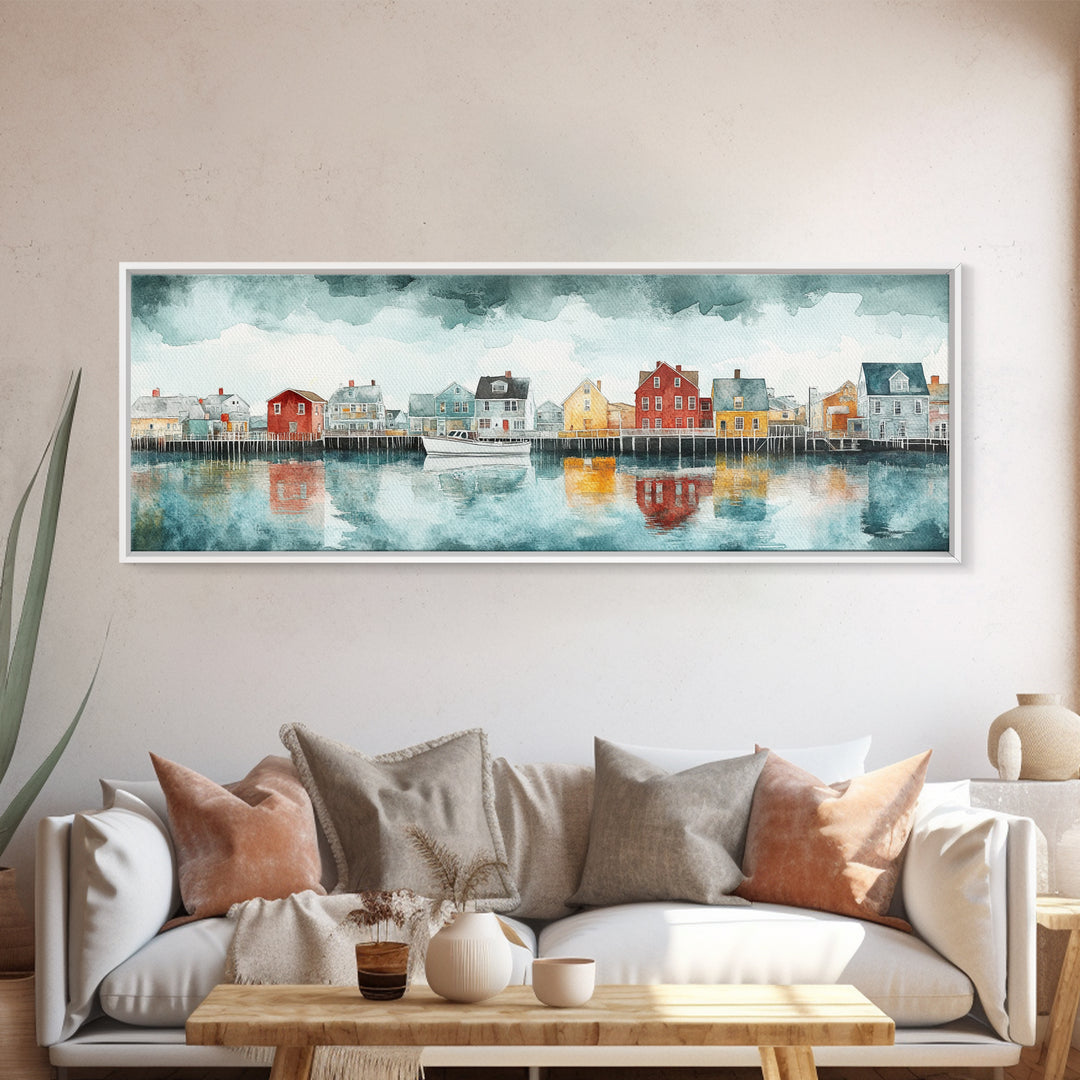Panoramic Painting Print of Nantucket, Framed Canvas Print, Nantucket Painting, nautical seascape landscape painting, Nautical Decor