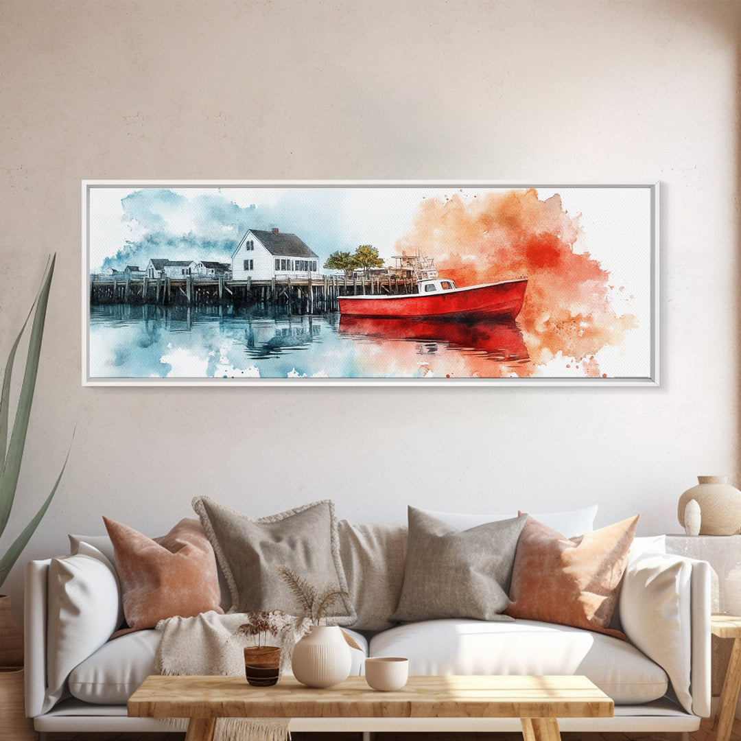 Panoramic Nautical Seacape Painting, Framed Canvas Print - Nantucket Wall Art - Beach House Art - Painting of Nantucket