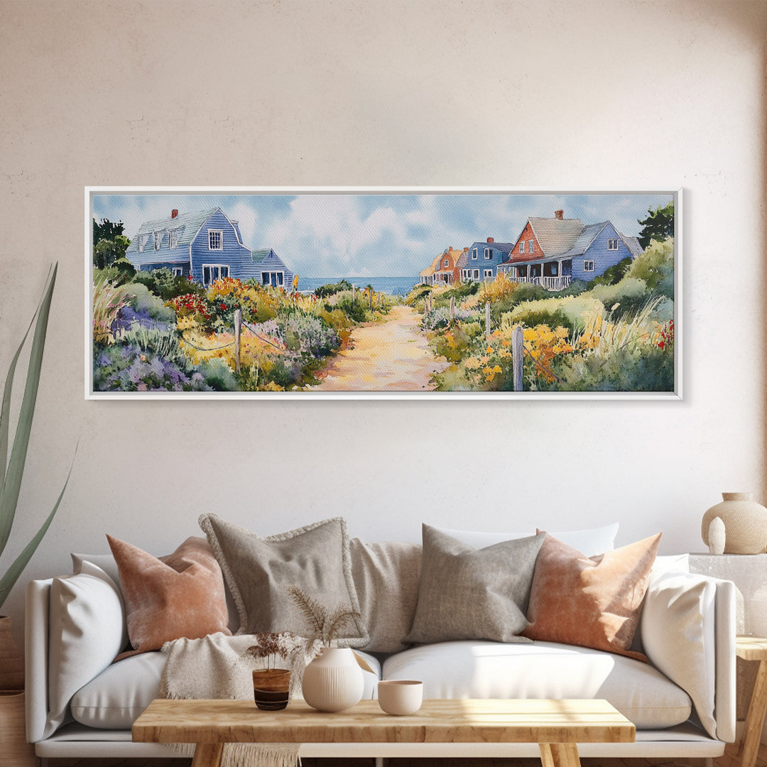 Panoramic Painting Print of Nantucket, Framed Canvas, Nautical Wall Art, Seascape landscape painting, Horizontal Nantucket Wall Art