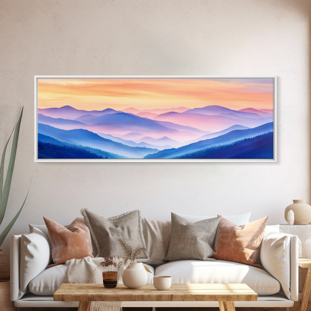 Smoky Mountain Landscape Canvas Print, Blue Ridge Mountains Painting, Panoramic Wall Art, Mountain Cabin Wall Art Home Decor