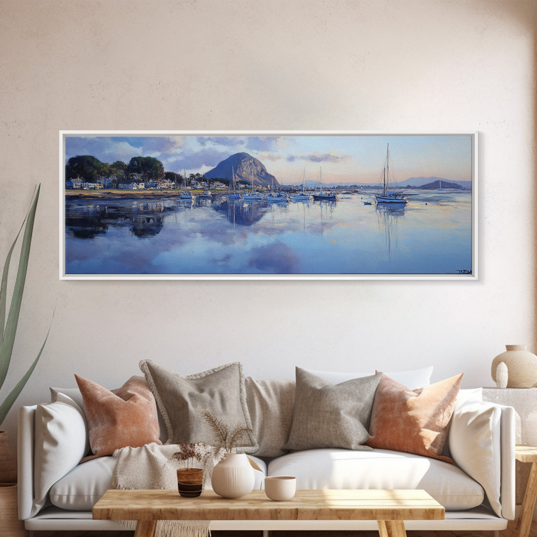 Panoramic Painting Print of Morro Bay California, Painting Morro Bay Framed Canvas Print, California Wall Art, Nautical Seascape Landscape Painting