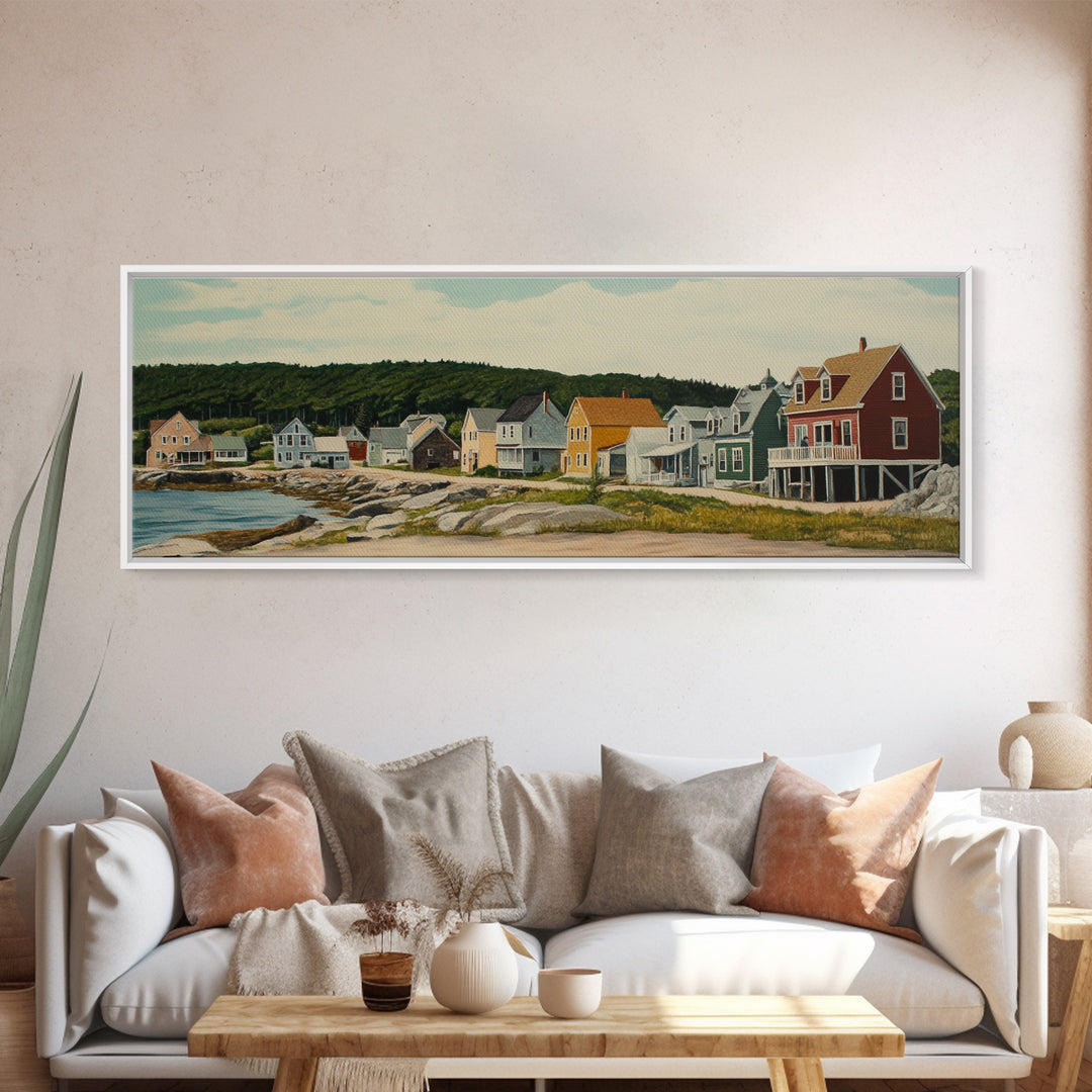 Panoramic Painting Print of Maine, Maine Wall Art, Beautiful Panoramic Seacape Painting, Nautical Landscape Painting