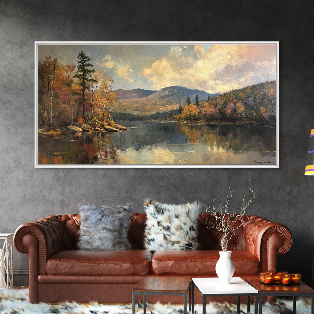 Mountains With Lake French Landscape Panoramic Oil Painting Canvas Print, Canvas with Wood Frame, Modern Living Room Wall Art