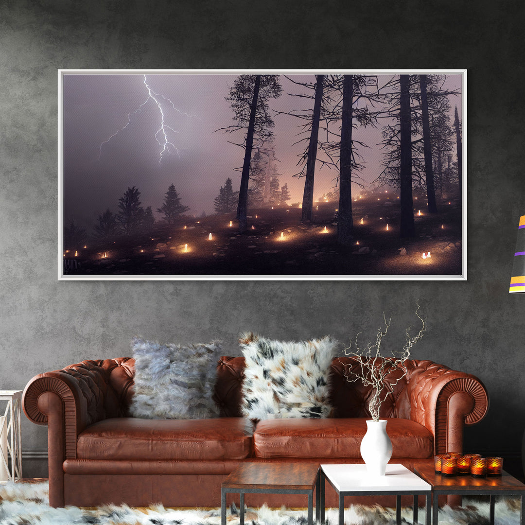 Haunted Gloomy Graveyard At Night, Thunder Storm, Halloween Cemetery Art, ready to hang canvas print wall art, Lightning Art