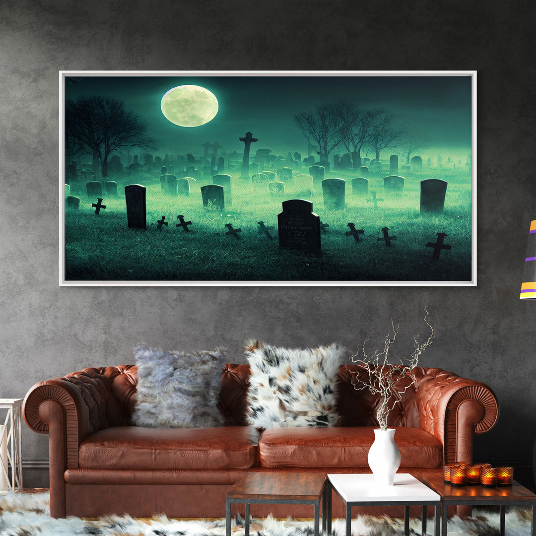 Halloween Cemetery At Night, Full Moon, Spooky Creepy Graveyard, ready to hang canvas print wall art