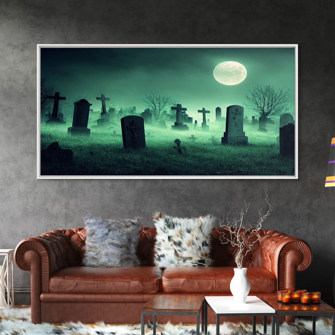 Full Moon Over A Haunted Cemetery At Night, Spooky Creepy Graveyard, ready to hang canvas print wall art, Halloween Art