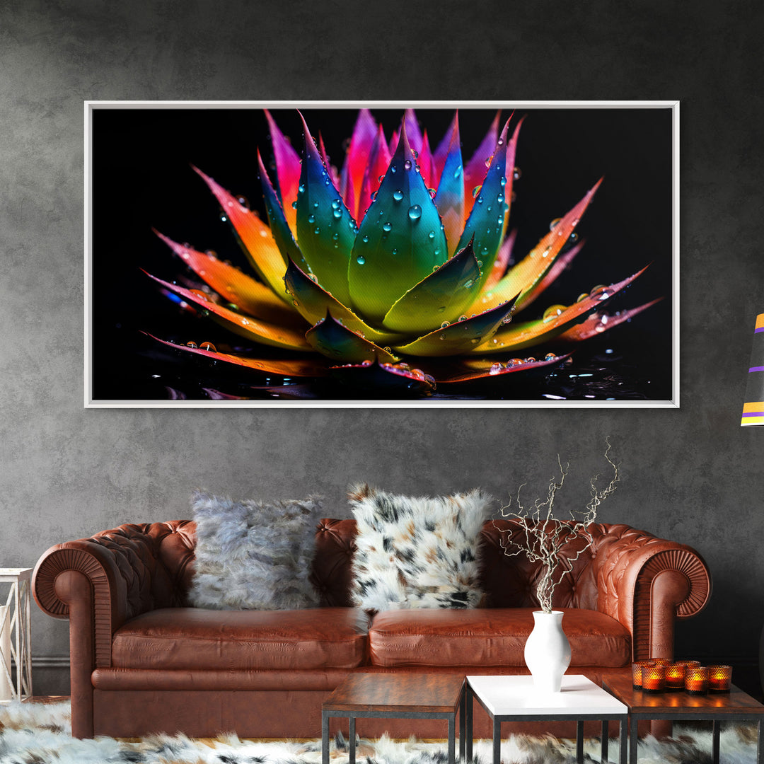 Rainbow Agave With Dew Drops, Modern Art, Framed Canvas Print, Surreal Art, Southwestern Decor, Farmhouse Art, Desert Themed Art