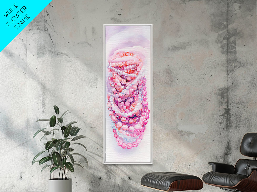 Pastel Beads Canvas Print - Whimsical Tall Narrow Art, Pink Pearl Inspired Jewelry Painting, Vertical Art for Boho Bedroom